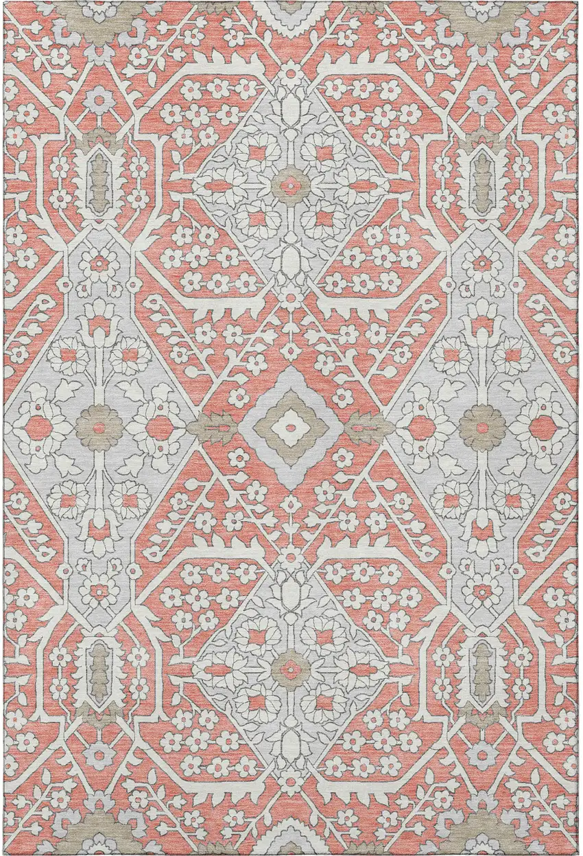 Salmon Gray And Ivory Floral Washable Area Rug With UV Protection Photo 4