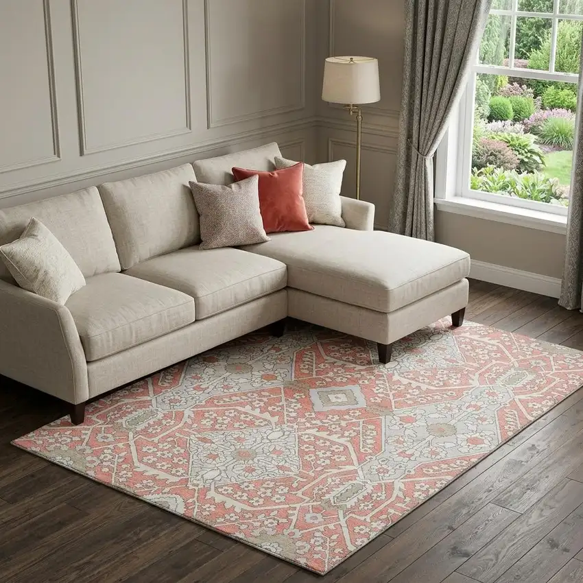 Salmon Gray And Ivory Floral Washable Area Rug With UV Protection Photo 1