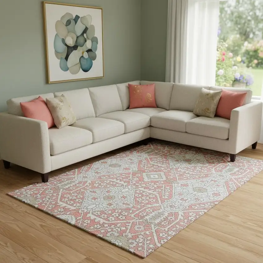 Salmon Gray And Ivory Floral Washable Area Rug With UV Protection Photo 1