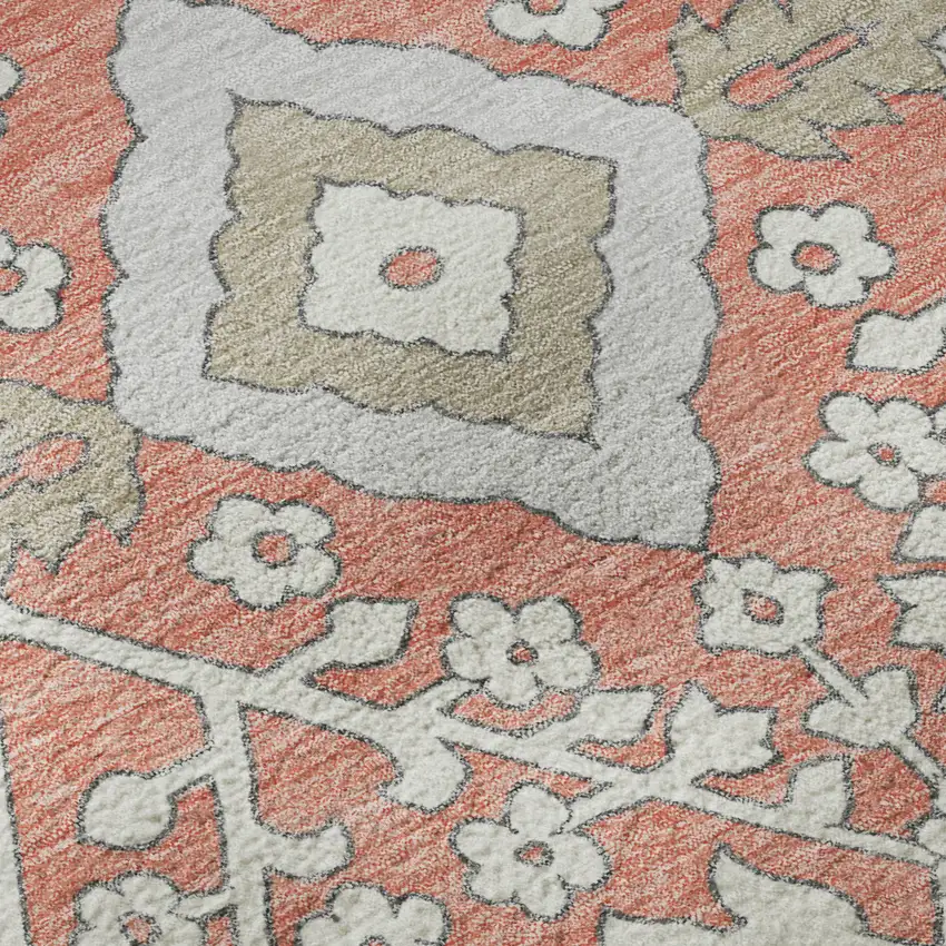 Salmon Gray And Ivory Floral Washable Area Rug With UV Protection Photo 9