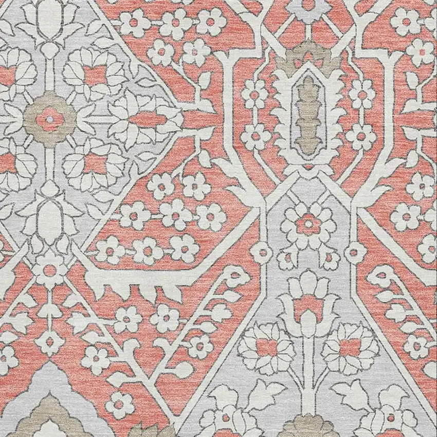 Salmon Gray And Ivory Floral Washable Area Rug With UV Protection Photo 4