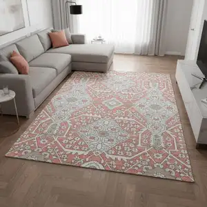 Photo of Salmon Gray And Ivory Floral Washable Area Rug With UV Protection