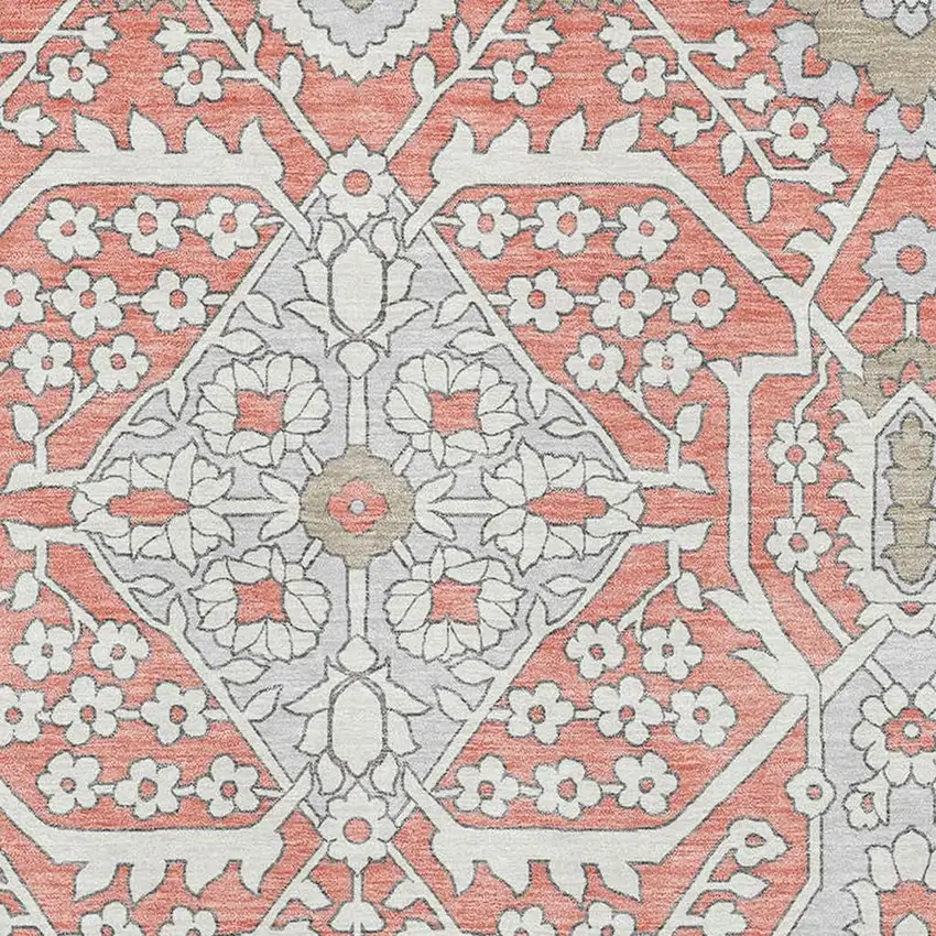 Salmon Gray And Ivory Floral Washable Area Rug With UV Protection Photo 4