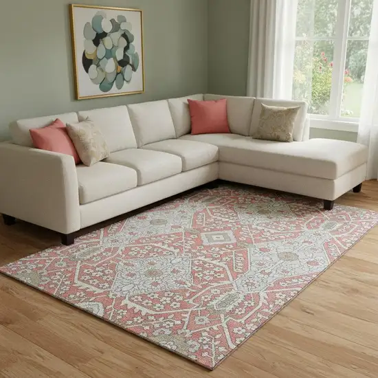 Salmon Gray And Ivory Floral Washable Area Rug With UV Protection Photo 1