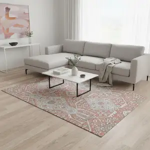 Photo of Salmon Gray And Ivory Floral Washable Area Rug With UV Protection