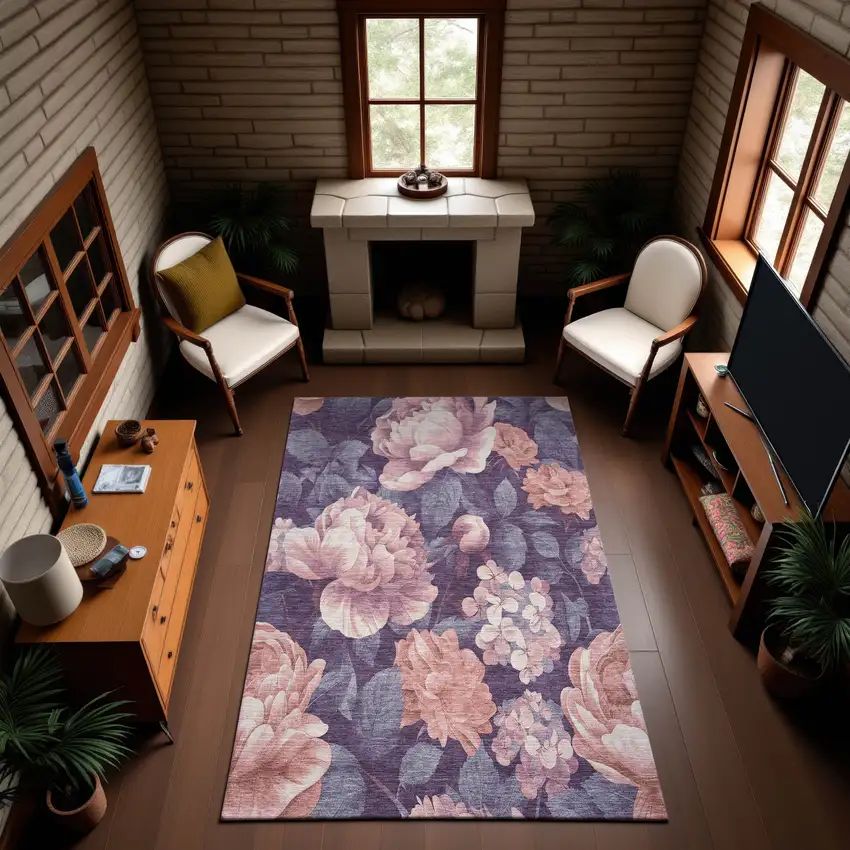 Salmon Gray And Ivory Floral Washable Area Rug With UV Protection Photo 4