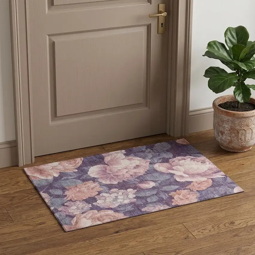 Salmon Gray And Ivory Floral Washable Area Rug With UV Protection Photo 1