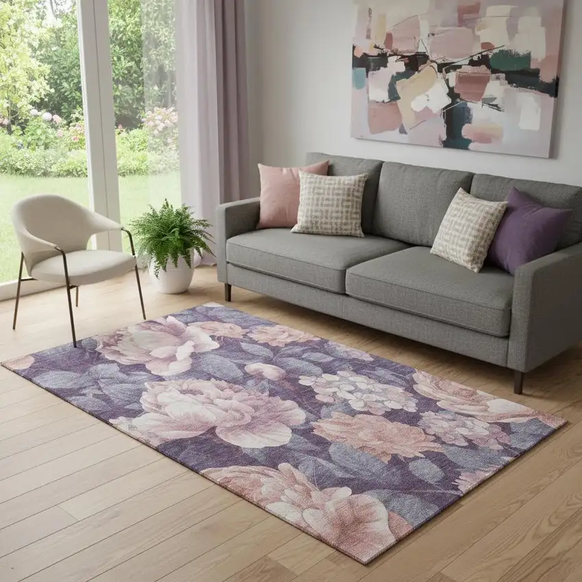 Salmon Gray And Ivory Floral Washable Area Rug With UV Protection Photo 2