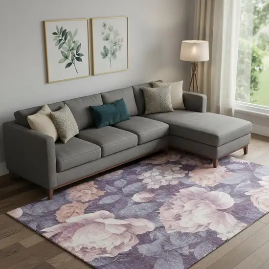 Salmon Gray And Ivory Floral Washable Area Rug With UV Protection Photo 2