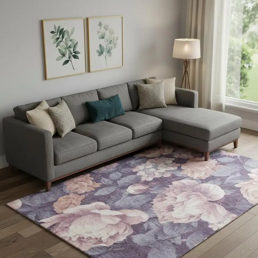 Salmon Gray And Ivory Floral Washable Area Rug With UV Protection Photo 2