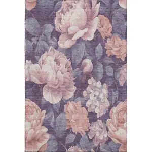 Photo of Salmon Gray And Ivory Floral Washable Area Rug With UV Protection