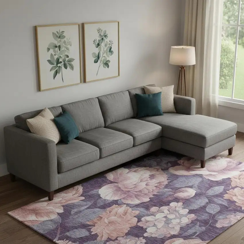 Salmon Gray And Ivory Floral Washable Area Rug With UV Protection Photo 2