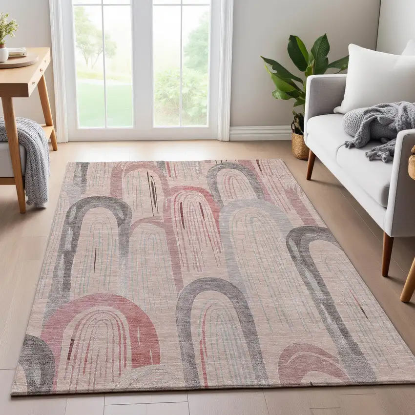 Salmon Gray And Silver Geometric Washable Area Rug With UV Protection Photo 1