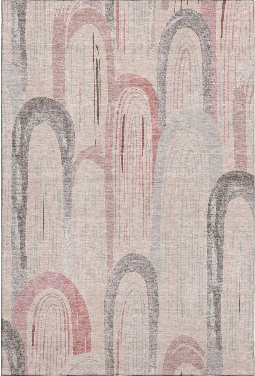 Salmon Gray And Silver Geometric Washable Area Rug With UV Protection Photo 3