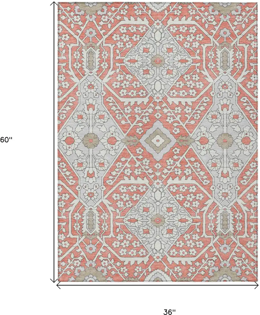 Salmon Gray And Taupe Floral Washable Indoor Outdoor Area Rug Photo 3