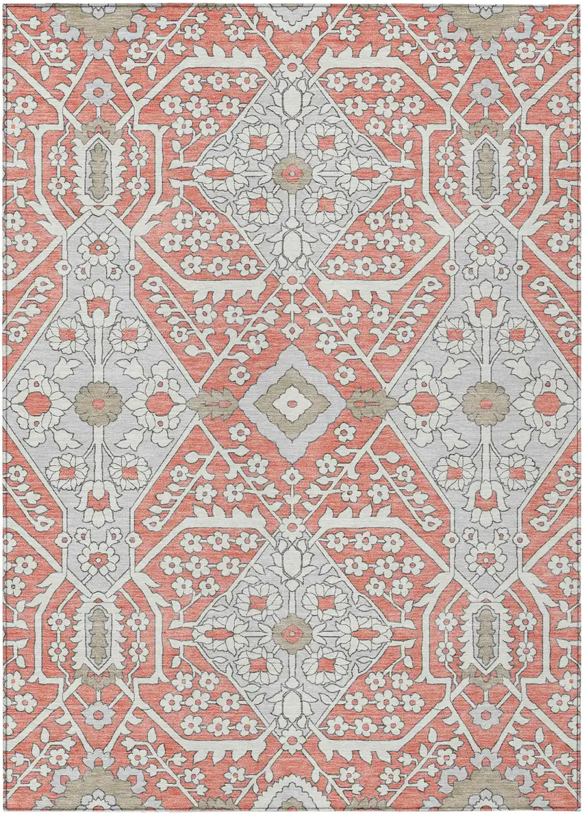 Salmon Gray And Taupe Floral Washable Indoor Outdoor Area Rug Photo 2