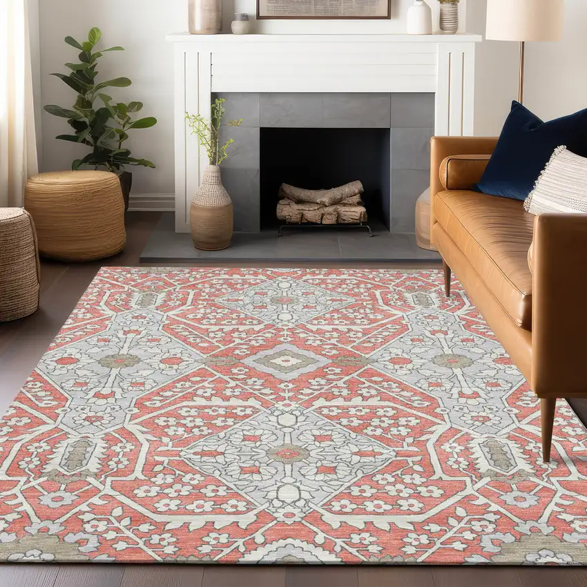 Salmon Gray And Taupe Floral Washable Indoor Outdoor Area Rug Photo 9