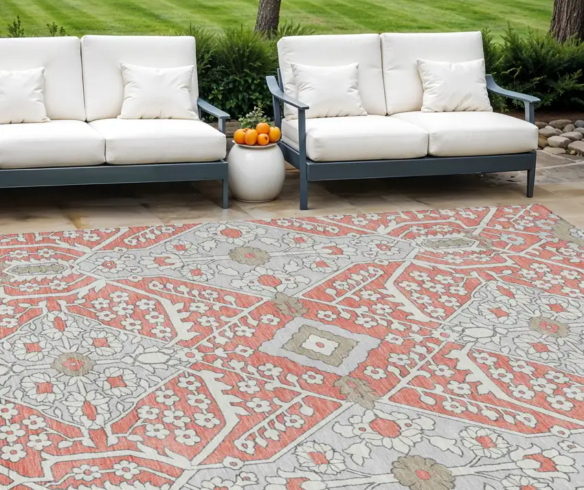 Salmon Gray And Taupe Floral Washable Indoor Outdoor Area Rug Photo 1