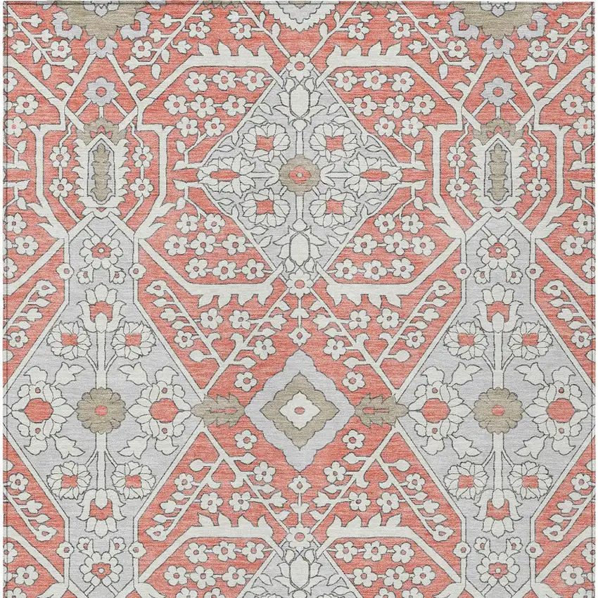 Salmon Gray And Taupe Floral Washable Indoor Outdoor Area Rug Photo 8