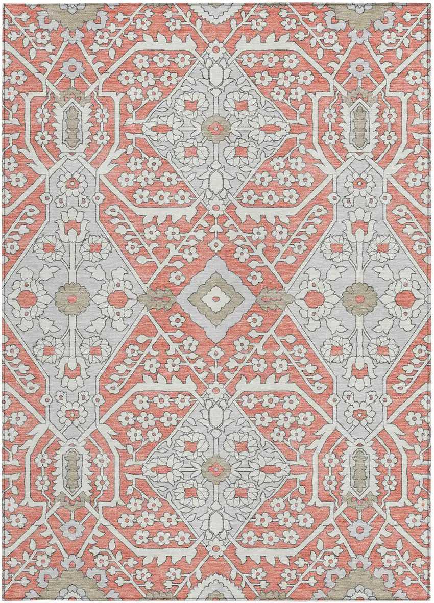 Salmon Gray And Taupe Floral Washable Indoor Outdoor Area Rug Photo 8