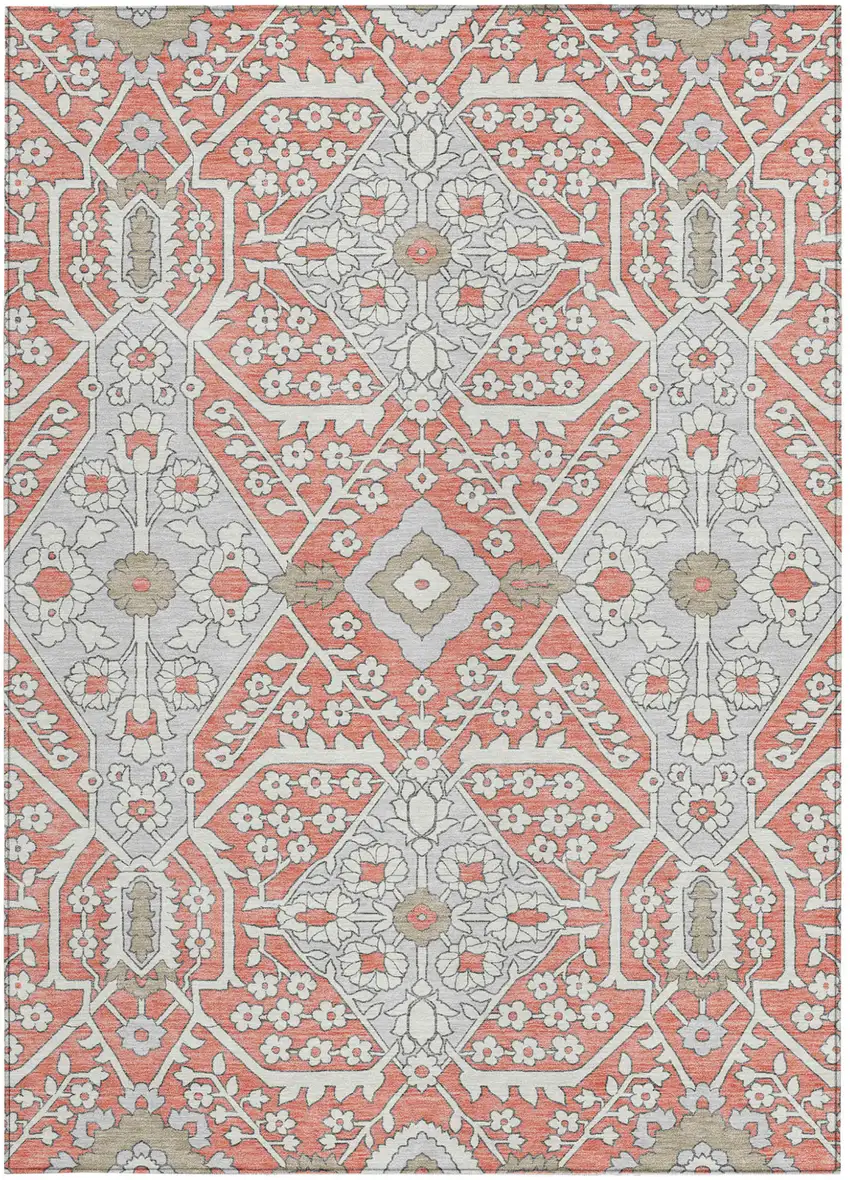 Salmon Gray And Taupe Floral Washable Indoor Outdoor Area Rug Photo 8