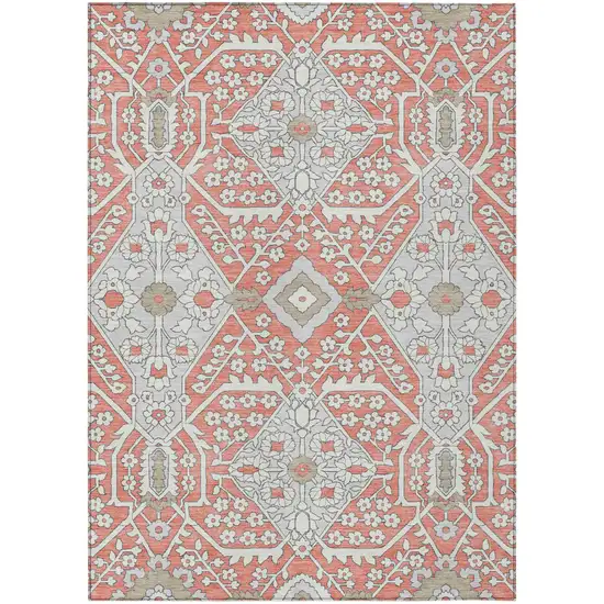 Salmon Gray And Taupe Floral Washable Indoor Outdoor Area Rug Photo 2