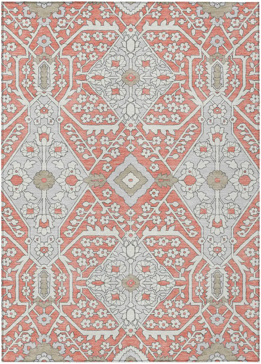 Salmon Gray And Taupe Floral Washable Indoor Outdoor Area Rug Photo 2
