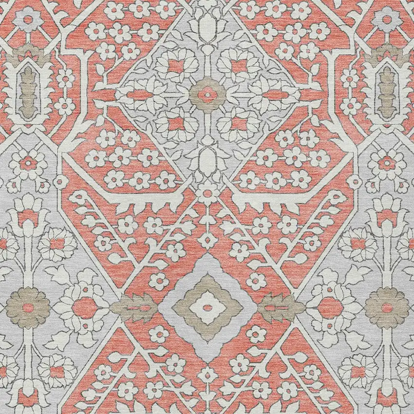 Salmon Gray And Taupe Floral Washable Indoor Outdoor Area Rug Photo 6