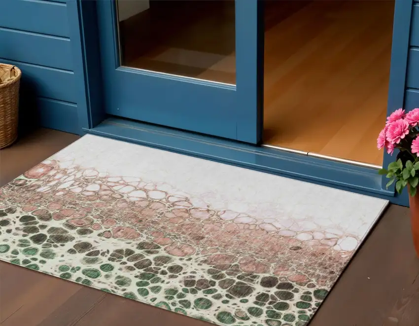 Salmon Green And Chocolate Abstract Washable Indoor Outdoor Area Rug Photo 1