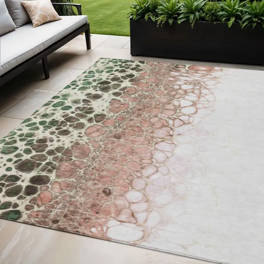 Salmon Green And Chocolate Abstract Washable Indoor Outdoor Area Rug Photo 1