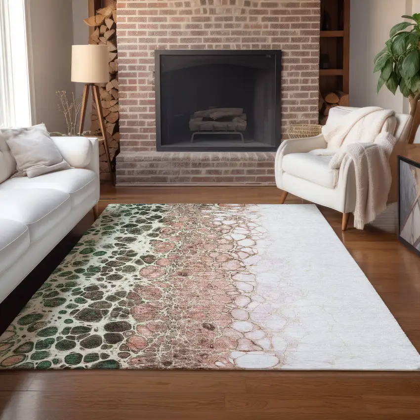 Salmon Green And Chocolate Abstract Washable Indoor Outdoor Area Rug Photo 9