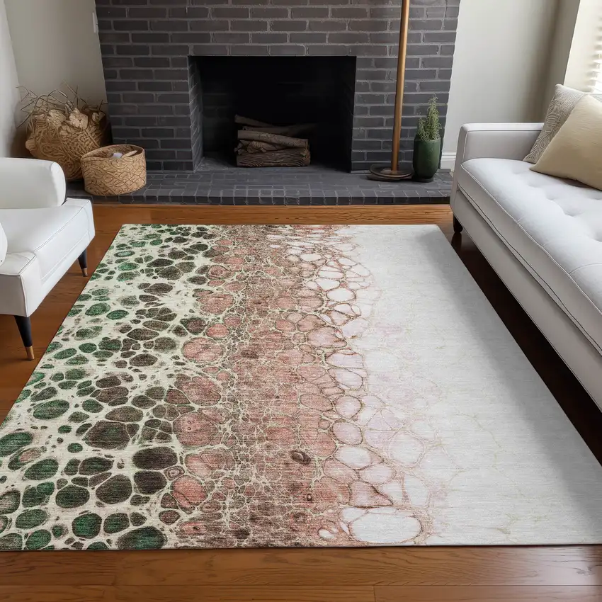 Salmon Green And Chocolate Abstract Washable Indoor Outdoor Area Rug Photo 8