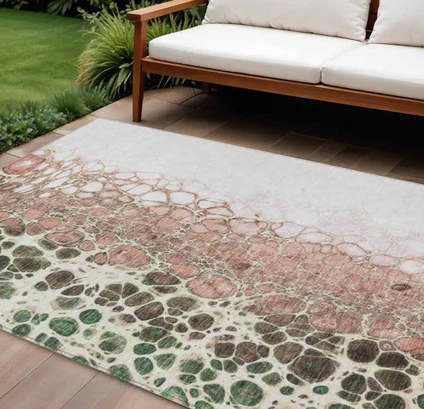 Salmon Green And Chocolate Abstract Washable Indoor Outdoor Area Rug Photo 1
