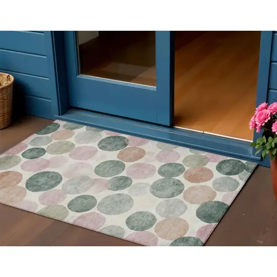 Salmon Green And Peach Geometric Washable Indoor Outdoor Area Rug Photo 2