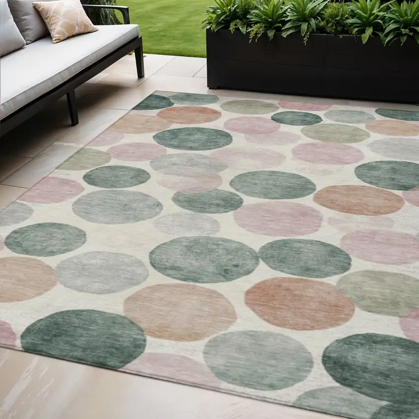 Salmon Green And Peach Geometric Washable Indoor Outdoor Area Rug Photo 2