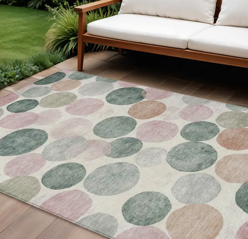 Salmon Green And Peach Geometric Washable Indoor Outdoor Area Rug Photo 2