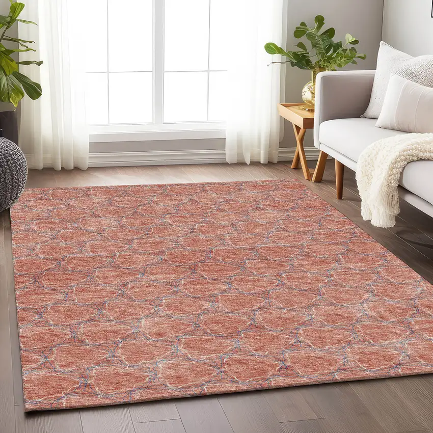 Salmon Ivory And Blue Geometric Washable Area Rug With UV Protection Photo 4