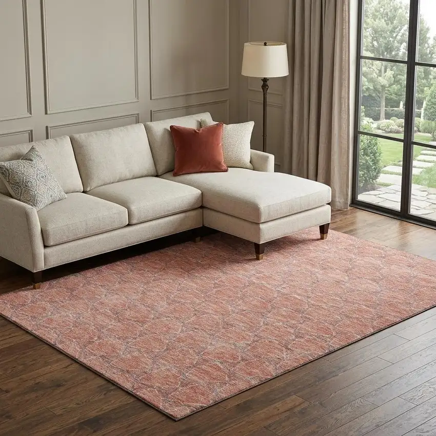 Salmon Ivory And Blue Geometric Washable Area Rug With UV Protection Photo 1