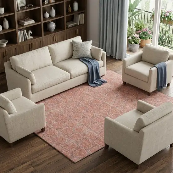 Salmon Ivory And Blue Geometric Washable Area Rug With UV Protection Photo 1