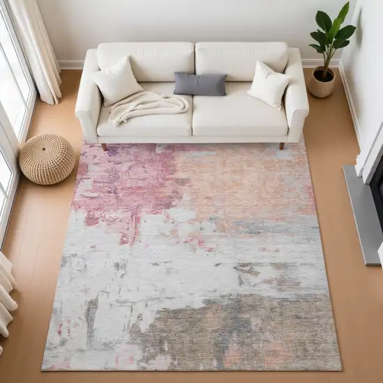 Salmon Ivory And Brown Abstract Washable Area Rug With UV Protection Photo 4