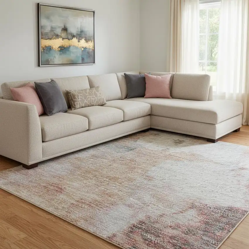 Salmon Ivory And Brown Abstract Washable Area Rug With UV Protection Photo 2