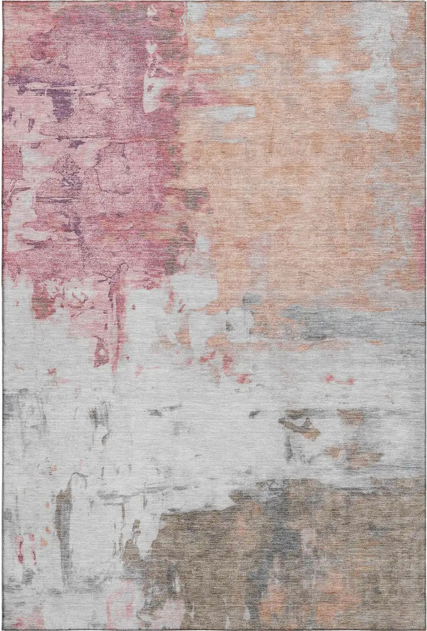 Salmon Ivory And Brown Abstract Washable Area Rug With UV Protection Photo 7