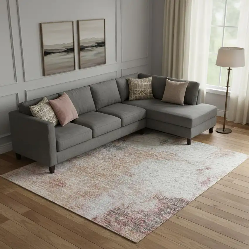 Salmon Ivory And Brown Abstract Washable Area Rug With UV Protection Photo 2