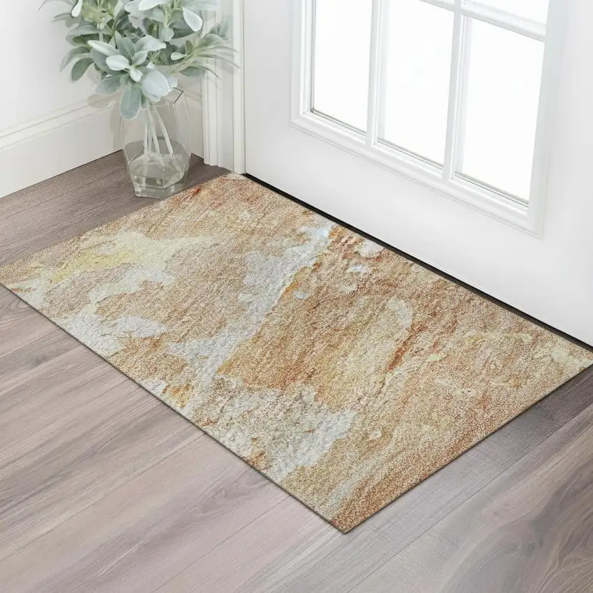 Salmon Ivory And Gold Abstract Washable Area Rug With UV Protection Photo 2