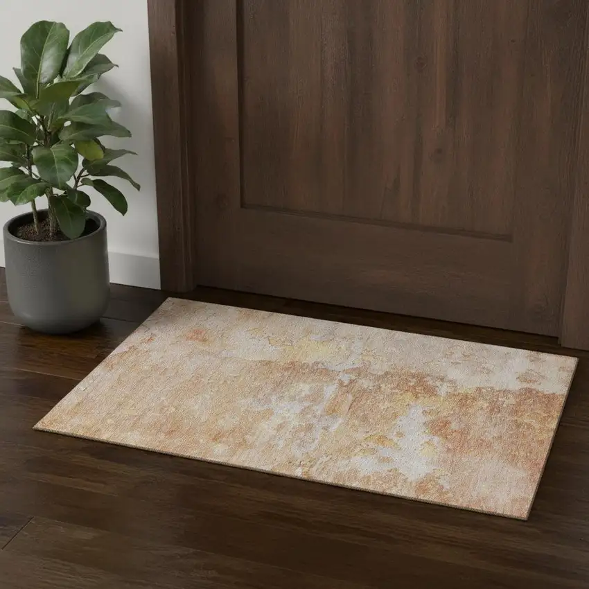 Salmon Ivory And Gold Abstract Washable Area Rug With UV Protection Photo 1