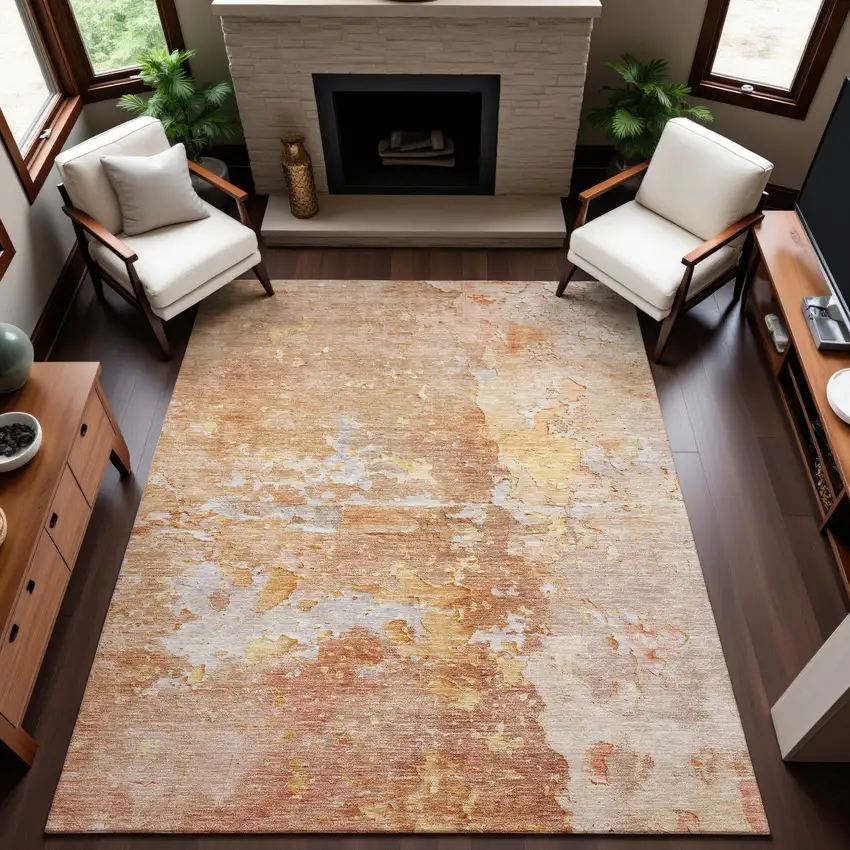 Salmon Ivory And Gold Abstract Washable Area Rug With UV Protection Photo 3