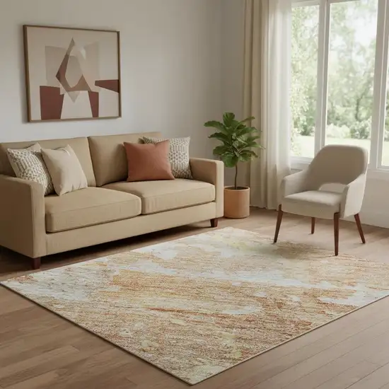 Salmon Ivory And Gold Abstract Washable Area Rug With UV Protection Photo 2
