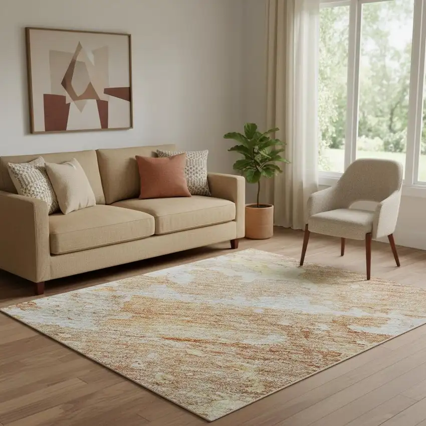 Salmon Ivory And Gold Abstract Washable Area Rug With UV Protection Photo 2