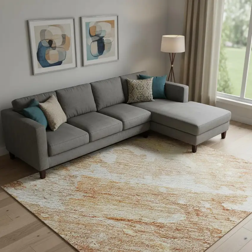 Salmon Ivory And Gold Abstract Washable Area Rug With UV Protection Photo 2