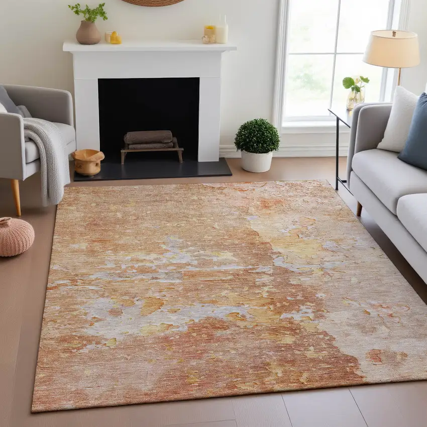 Salmon Ivory And Gold Abstract Washable Area Rug With UV Protection Photo 4